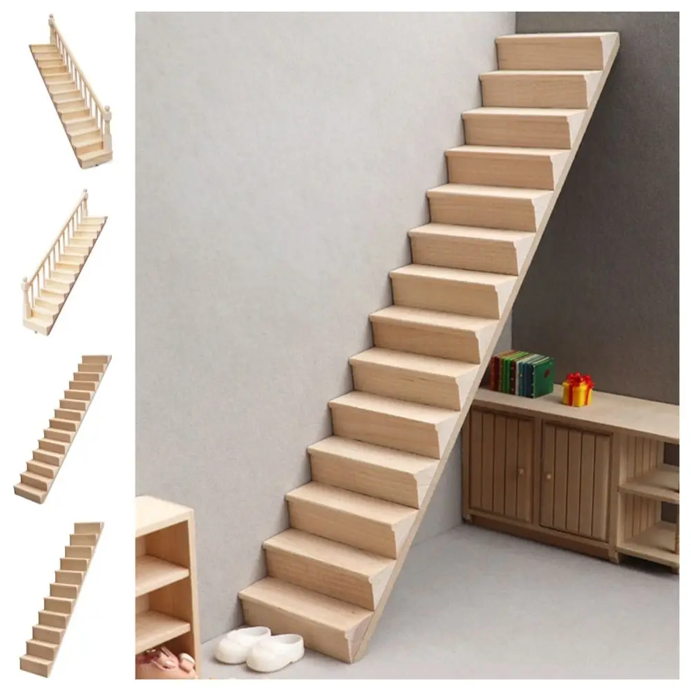 Mini Pretend Play 1:12 Dollhouse Furniture Miniature DIY Mini Stairway Model Wood Armrest Stairs with Handrail Scene Props