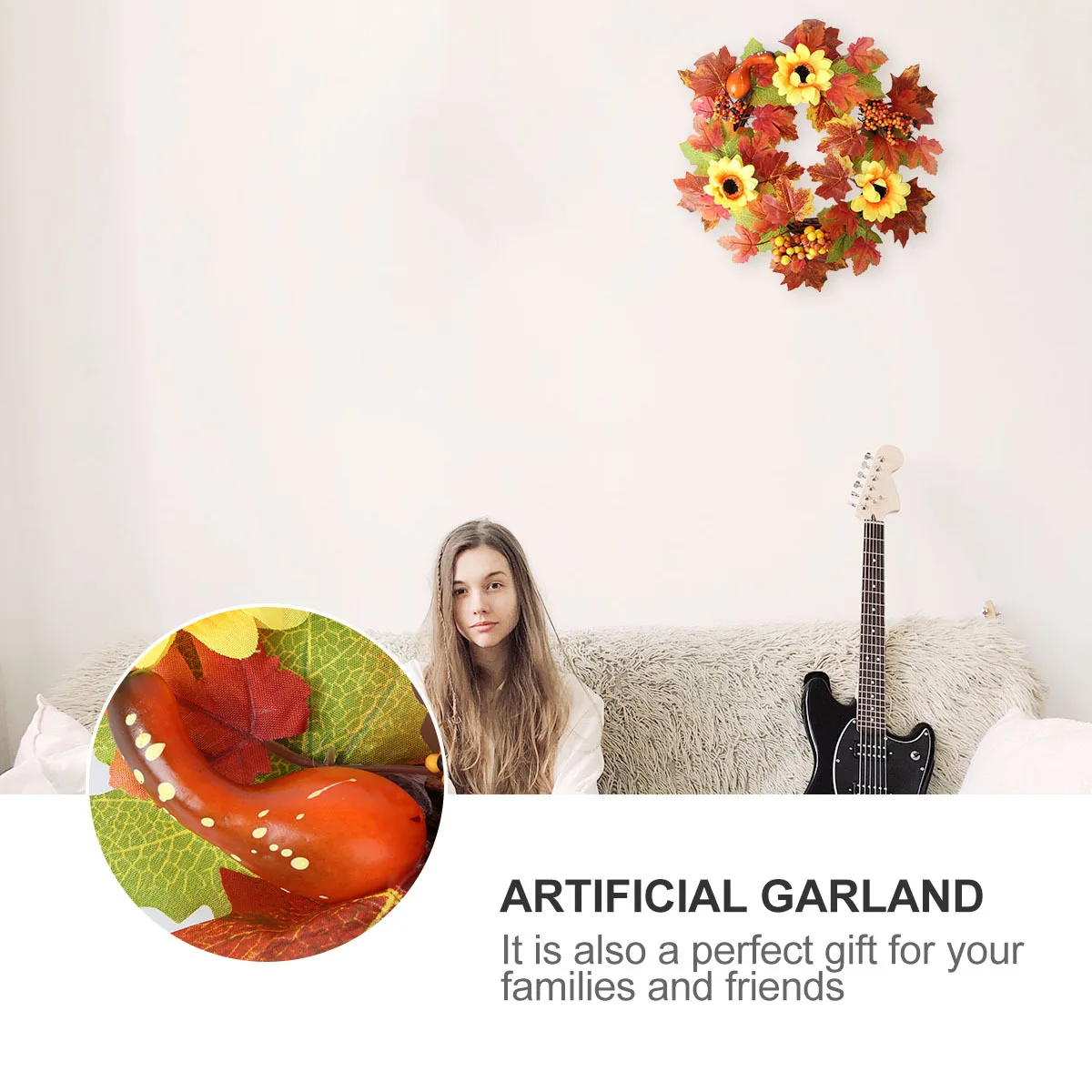 

1Pcs Pumpkin Sunflower Garland Artificial Maple Leaf Wreath Rustic Halloween Door Hanging Decoration Bright Color for Home