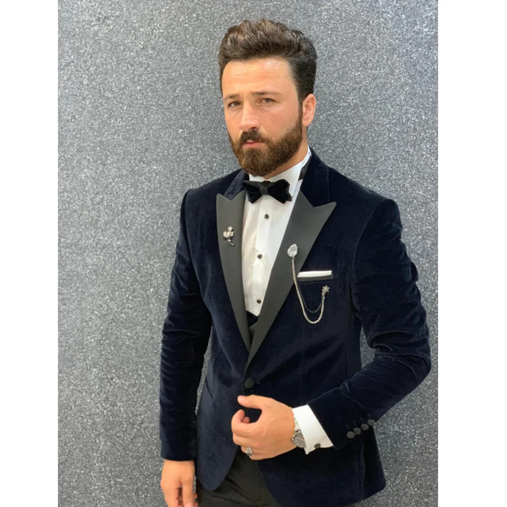 High-end Velvet Men Suits 3 Piece Chic Peak Lapel One Button Mens Clothing Formal Party Wedding Dresses (Jacket+Vest+Pants)