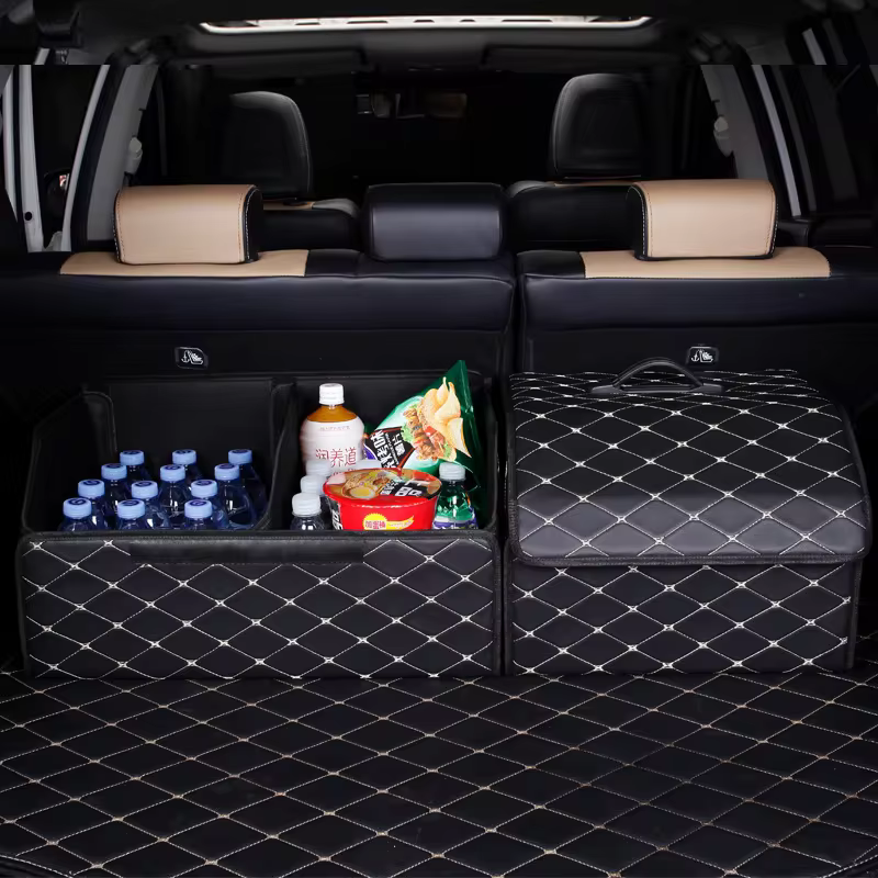 Front view of a leather Car Trunk Organizer in a black car.