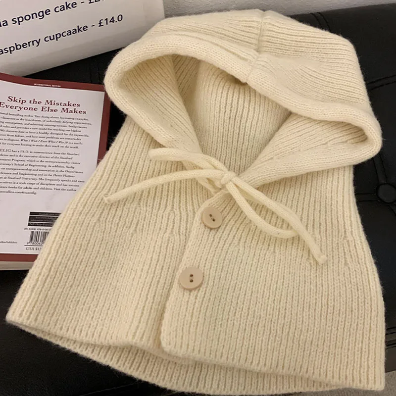 Nowe zimowe kominiarki dla kobiet Unisex Dzianinowe czapki z kapturem Outdoor Warmer Drawstring Hat Jednoczęściowe czapki z kołnierzem na szyję
