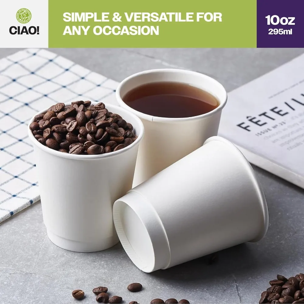 Insulated Double Wall White Paper Hot Cups, 10 oz, 90mm Diameter, 500 Pack, Bulk Coffee Cup Supply