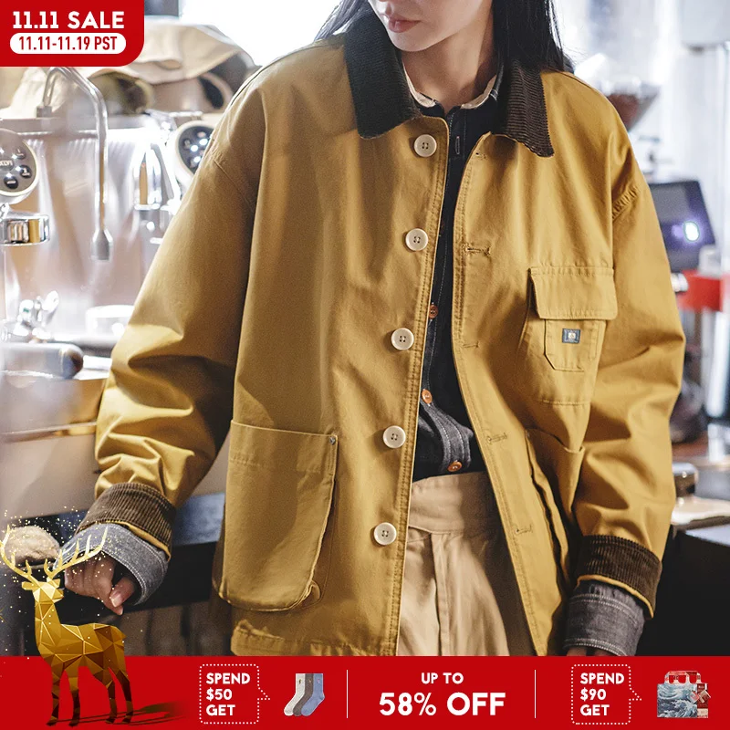 

Maden Women's Corduroy Lapel Collar Spring Jacket Ginger and Beige Color Working Jacket Oversized Vintage Coat Hunting Tops