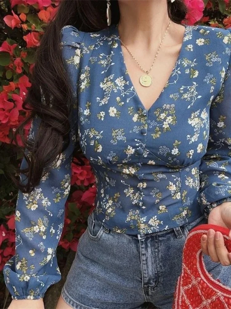 Retro Chiffon Shirt for Women 2026 New Design Niche V-neck Slim Long-sleeved Printed Top