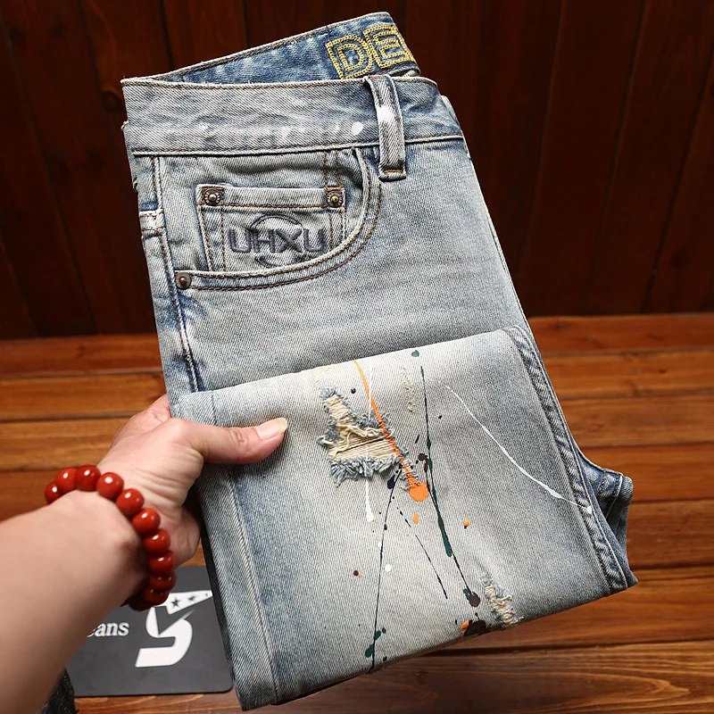 Ripped patch jeans for men, slim fit with small feet, splashed ink print, washed retro nostalgic fashion pants