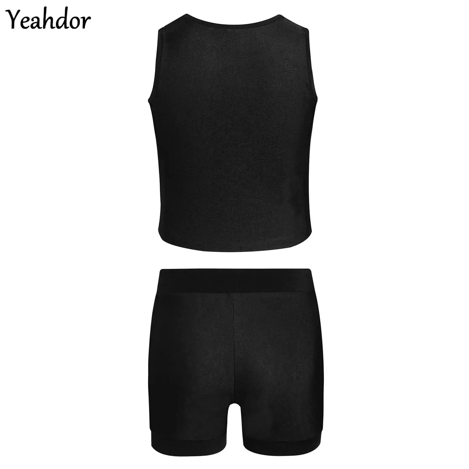 

Teen Girls Jazz Dance Outfit Color Block Patchwork Sparkly Sequin Tank Top Vest with Shorts Set Cheerleading Costume Streetwear