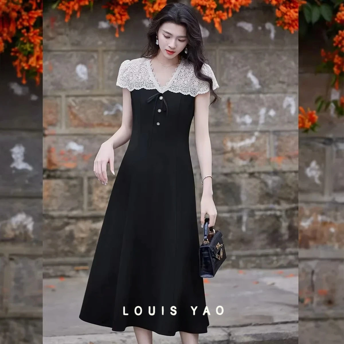 

LOUIS YAO Hollow Out Flat Shoulder Dress 2025 Summer Fake Two Piece V Neck Slim Patchwork Long Dresses Chic Street Wear