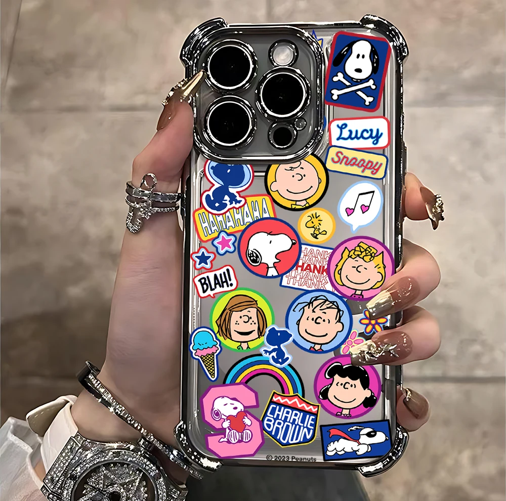 Snoopy Cartoon Collage Plating Phone Case For iPhone 17 17e 16e 16 15 14 13 12 11 Pro Max X XR 8 Mini Air Plus Anti-Fall Airabag