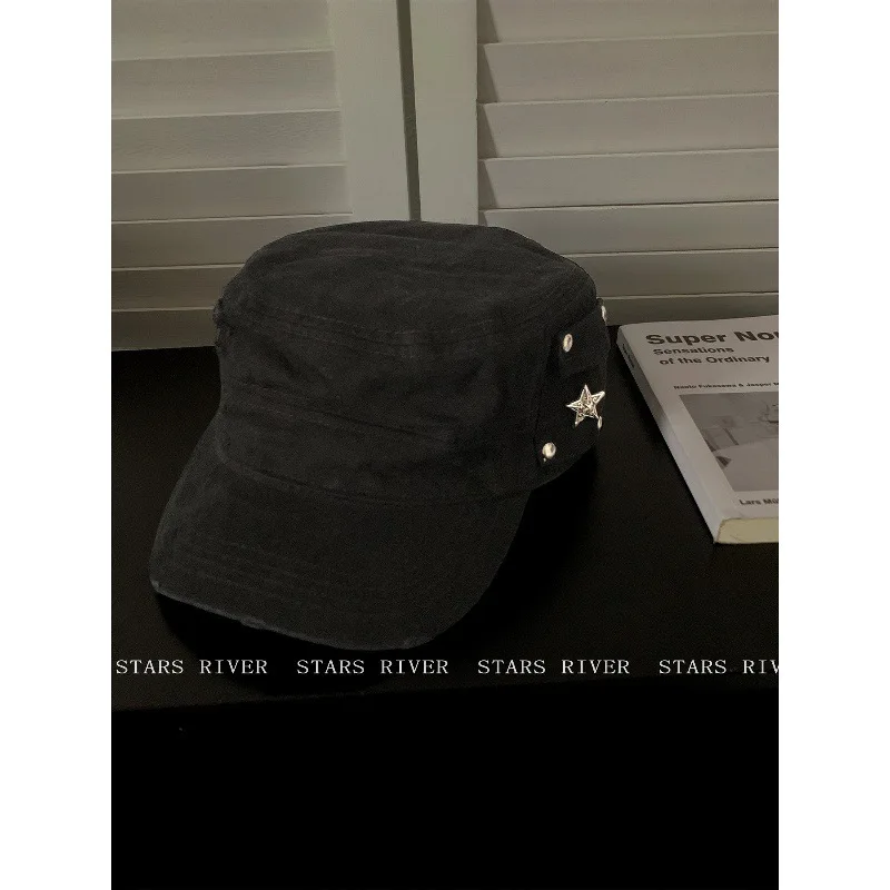 Tooling equestrian hat retro pentagram flat top hat female rivet decoration street personality cap knight hat trendy brand