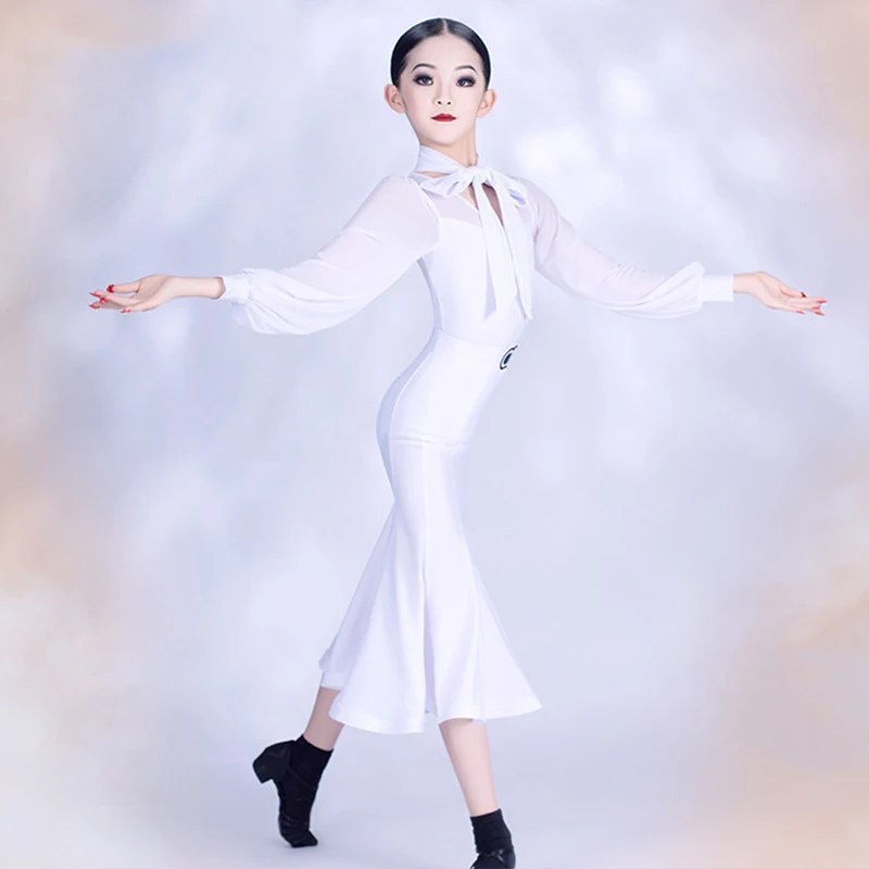 

White Ballroom Dance Dress For Girls Standard Modern Dance Performance Clothes Long Sleeve Dance Suit Ballroom Practice Set 3267