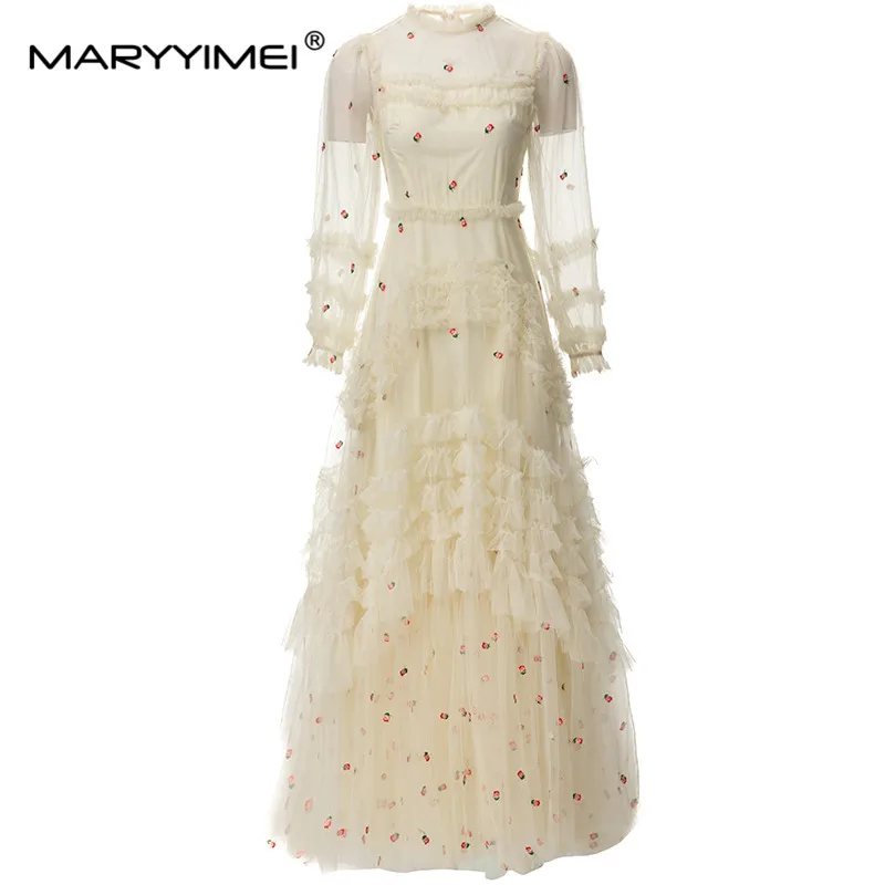 

MARYYIMEI Fashion Design Spring Summer Women's Ruffled Lantern Sleeved Mesh Embroidery Splicing Mushroom Edge A-Line Dresses