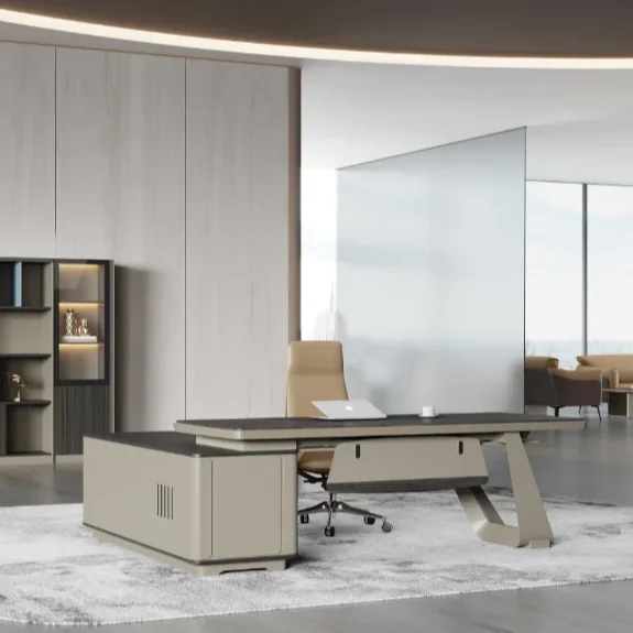 

Простой современный роскошный офисный стол руководителя с одним светильником и креслом, комплект мебели для кабинета президента, компьютерный стол