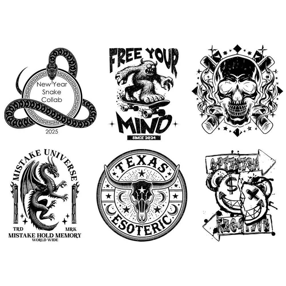 25cm Black White Skeleton & Snake & Dragon Fashion Heat Transfer Sticker Cool Clothing Accessories DIY Accessory Neutral Style