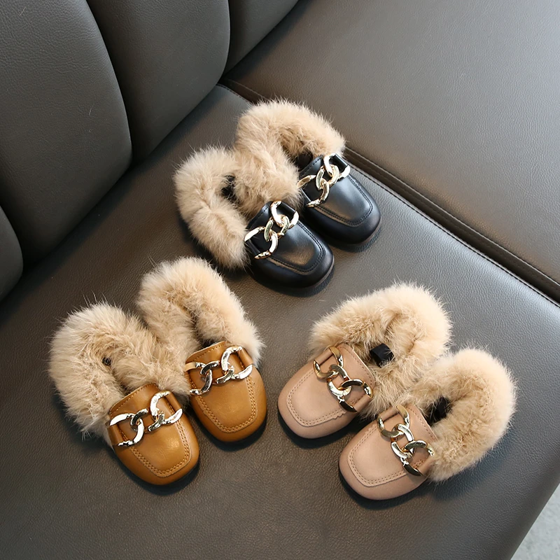 Winter Girl's Loafers Fluffy Metal Chain Three Colors Chic Children Flat Shoe Leisure Slip-on Pu Leather Comfy Kids Shoes 21-36