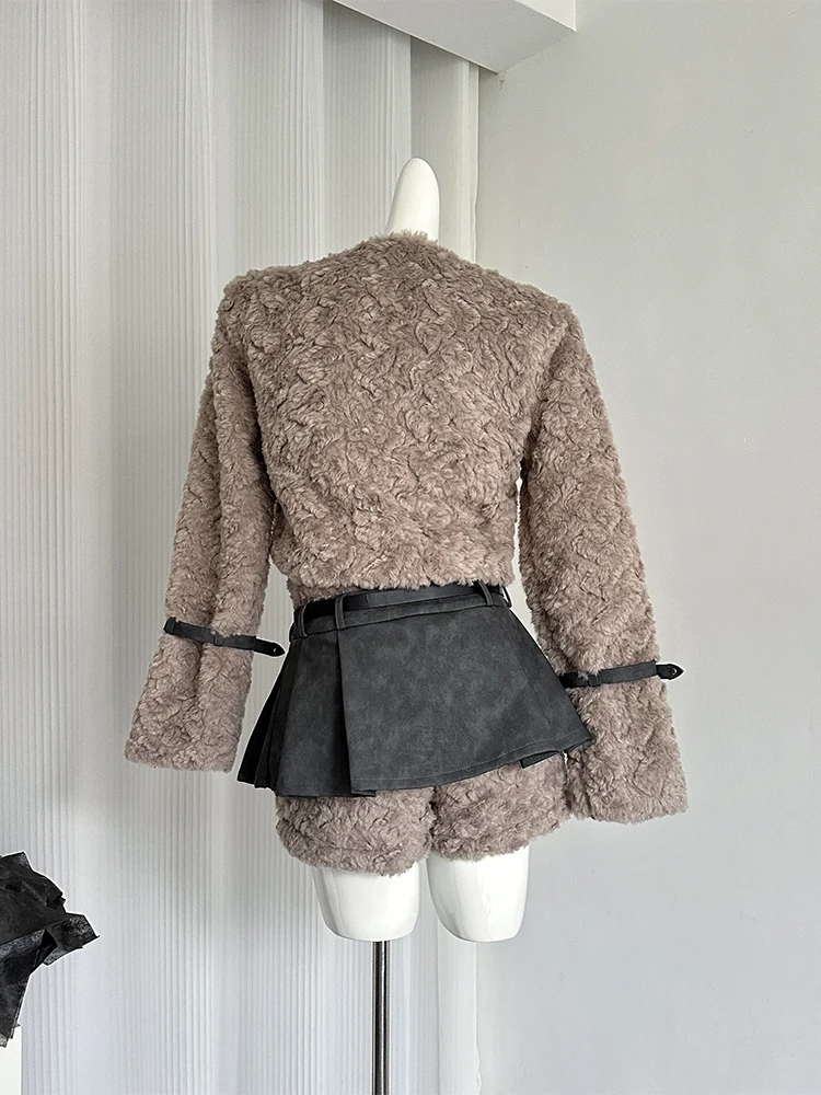 Women\'s Skirt Sets Vintage Long Sleeve Luxury Teddy Coats with A-Line Mini Skirts Y2k Elegant Two Piece Suit 2000s Clothes 2024