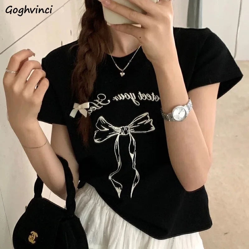 

Футболки женские с принтом банта облегающие корейские модные повседневные универсальные шикарные популярные Ins студенческая уличная одежда уютное лето Y2k