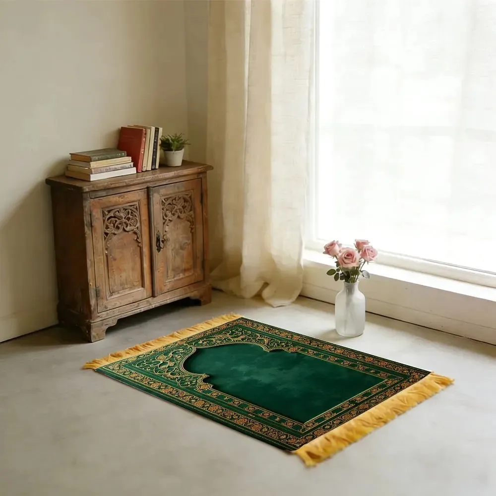 VIKAMA Non-slip Islamic Prayer Rug Deep Green Gold Floral Arch Portable Soft for Ramadan Home Gift