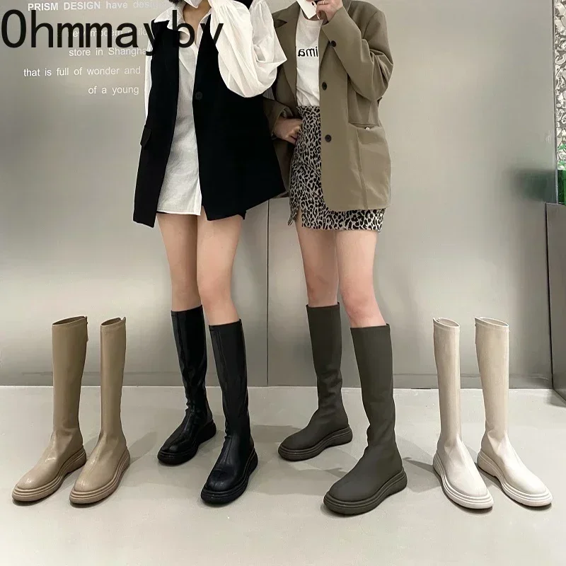 2024 Women Long Boots Thick Sole Ladies Zipper Knight Flats Heel Boots Fashion Knee-high Boots Keep Warm Plush Winter Shoes