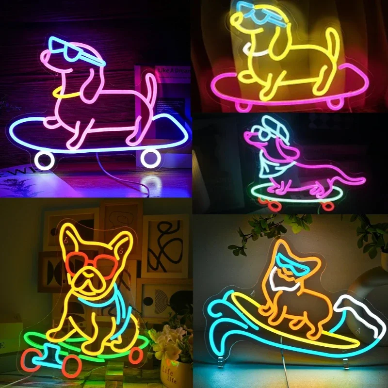 Skateboard Dog Neon Signs LED Neon Light Sign Light Up Neon Signs Wall Decor for Game Room Bedroom Living Room Gift