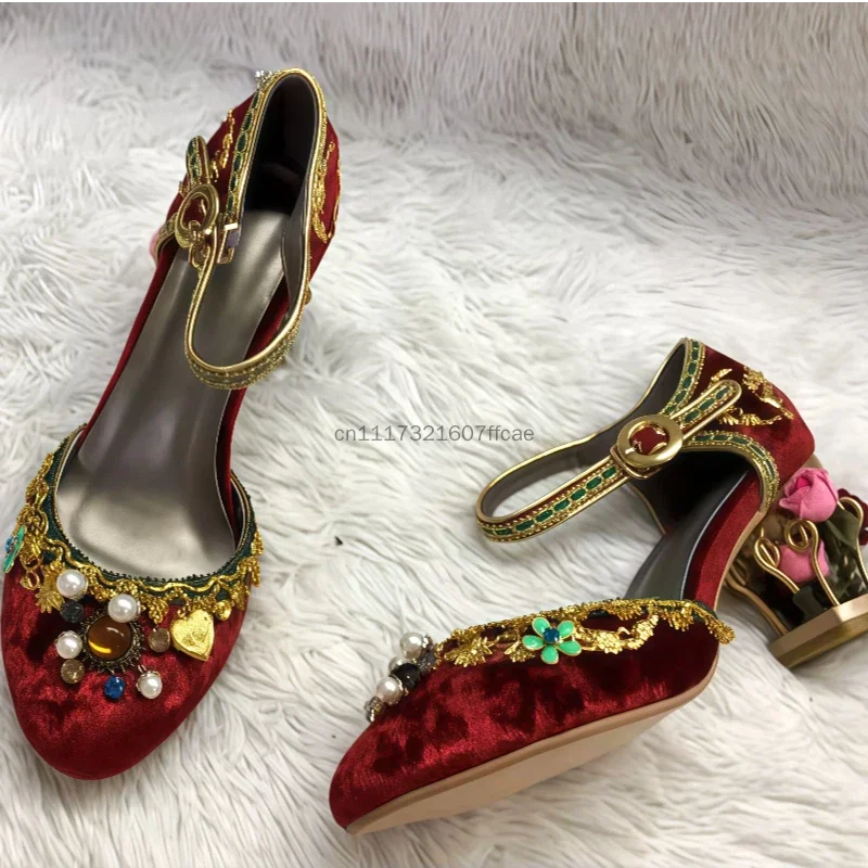 Red Velvet Flower Heels Woman Shoes Retro Birdcage Applique Embroidery Sandals Shoes String Bead Ankle Strap Runway Shoes