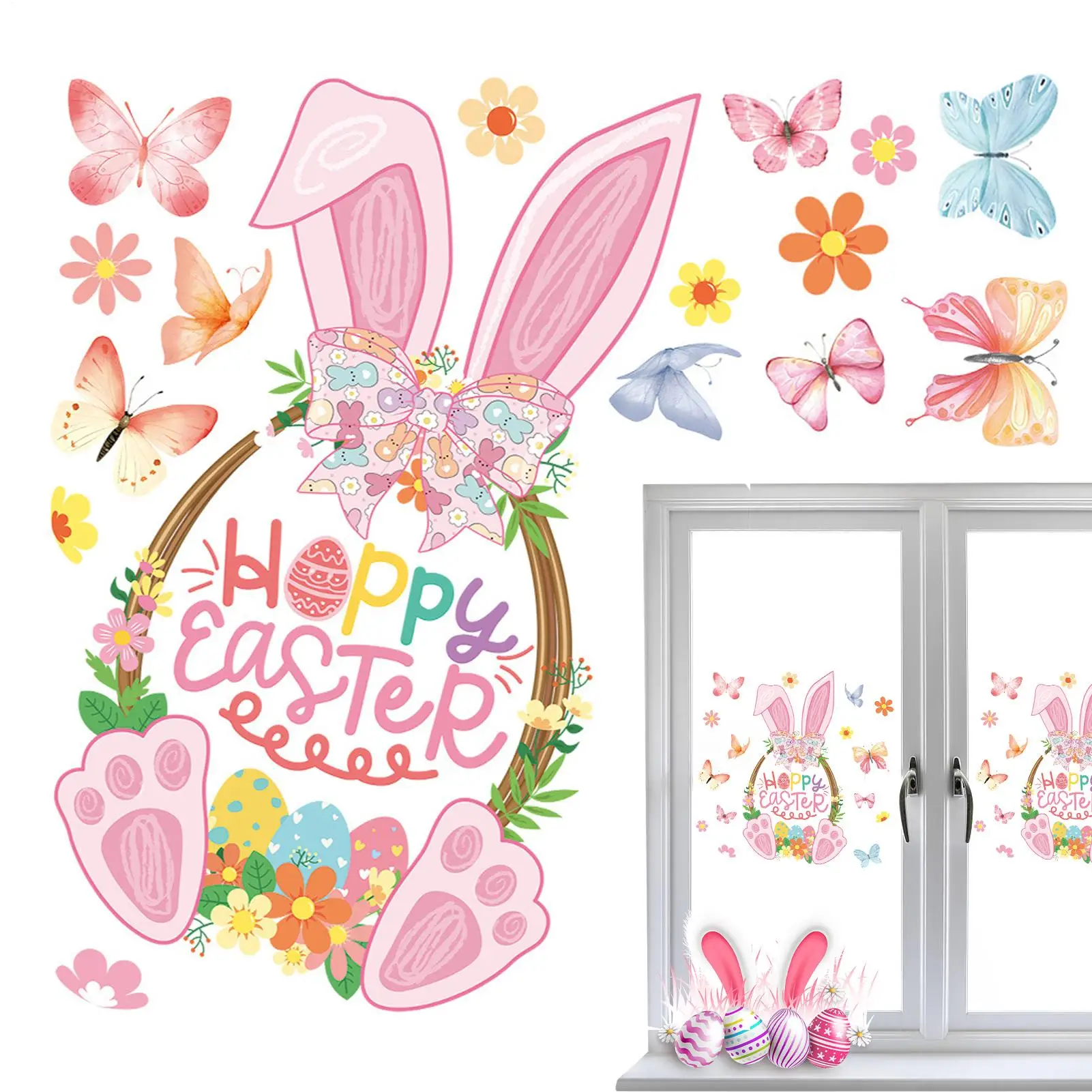 2026 Easter Window Stickers Double-Sided Static Spring Bunny Decal Rabbit Basket Spring Festival Electrostatic Stickers