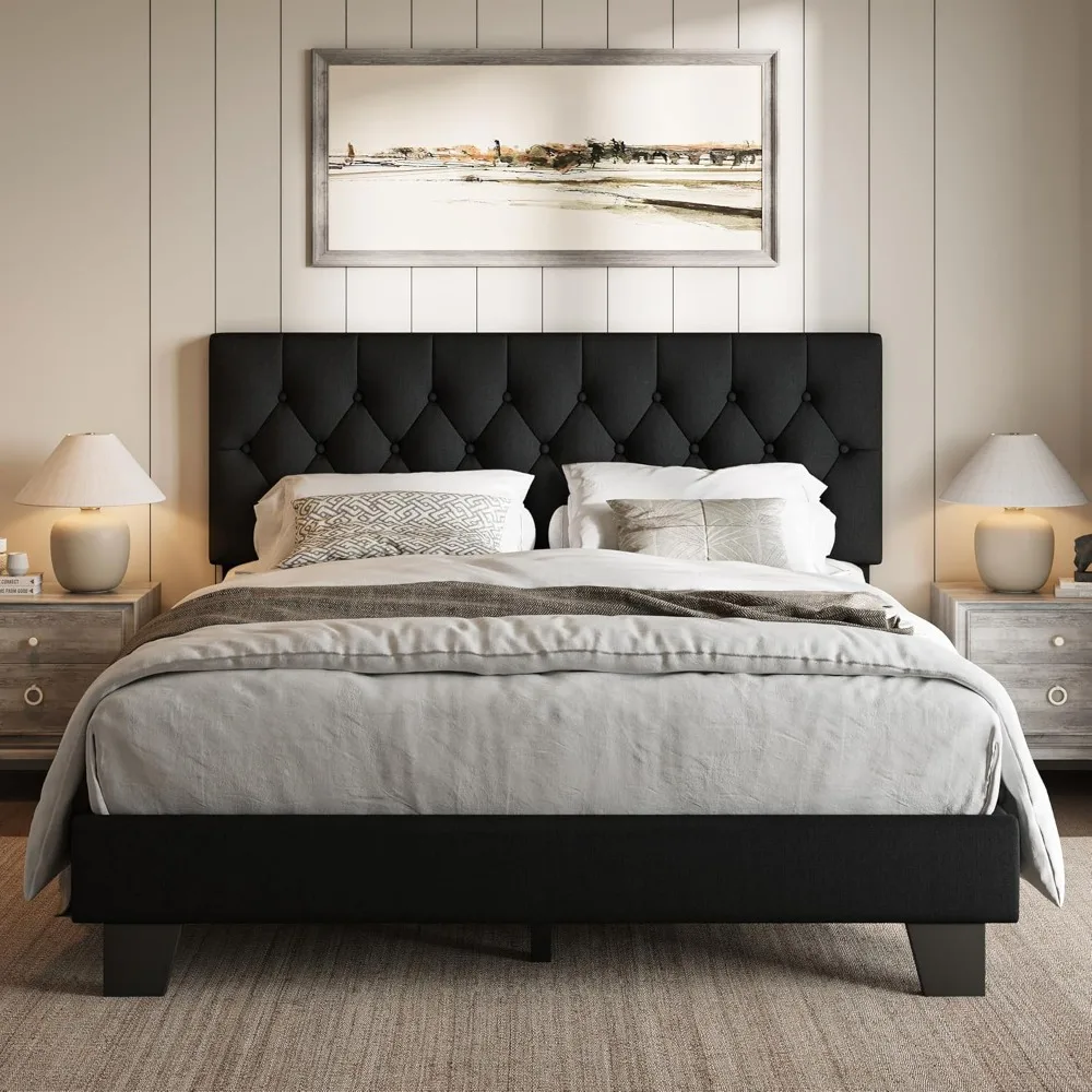 

Upholstered Full Size Bed Frame with Button Tufted Headboard, Linen Platform Bed with Thickened Support Legs