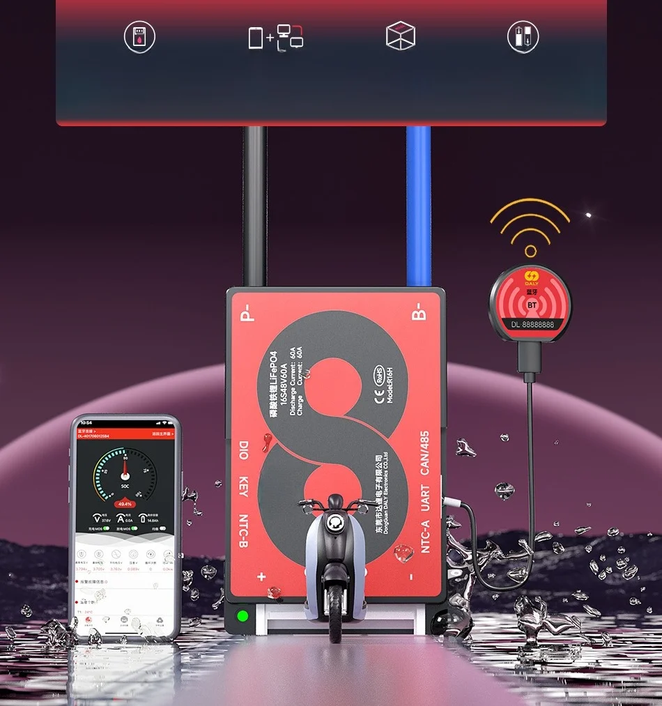 3S-16S 48V40A Li-ion Smart BMS for Power Tools/E-Bikes Bluetooth APP Control 0.5mV Balance Overcharge/Short Circuit Protection