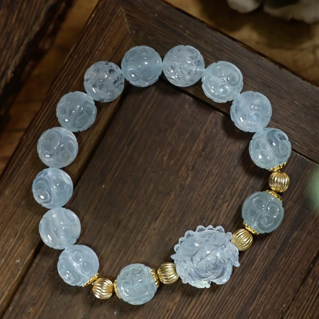 Natural Aquamarine Carved Ruyi Bead Bracelet, Peony Flower Carving, S925 Gold Plated, Fresh Chinese Style Bracelet
