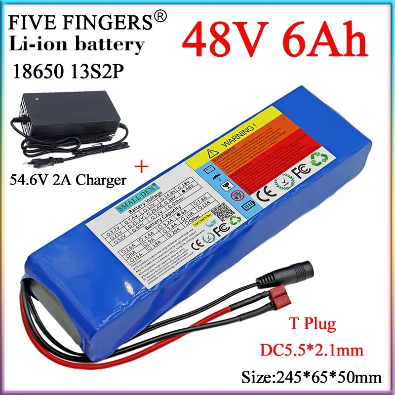 

New 48V 6Ah 18650 Lithium Battery Pack 6000mAh 13S2P 500W Built-in BMS Li-ion Cells Used For 54.6V Electric bicycle +2A Charger