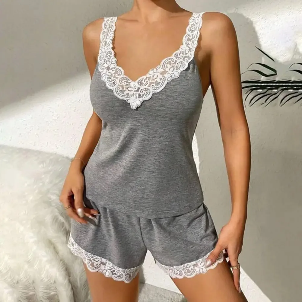 2pcs/set Women Pajama Set for Summer Lace Trim Tank Top Elastic Waist Shorts Set Sexy V Neck Sleeveless Sleepwear Homewear