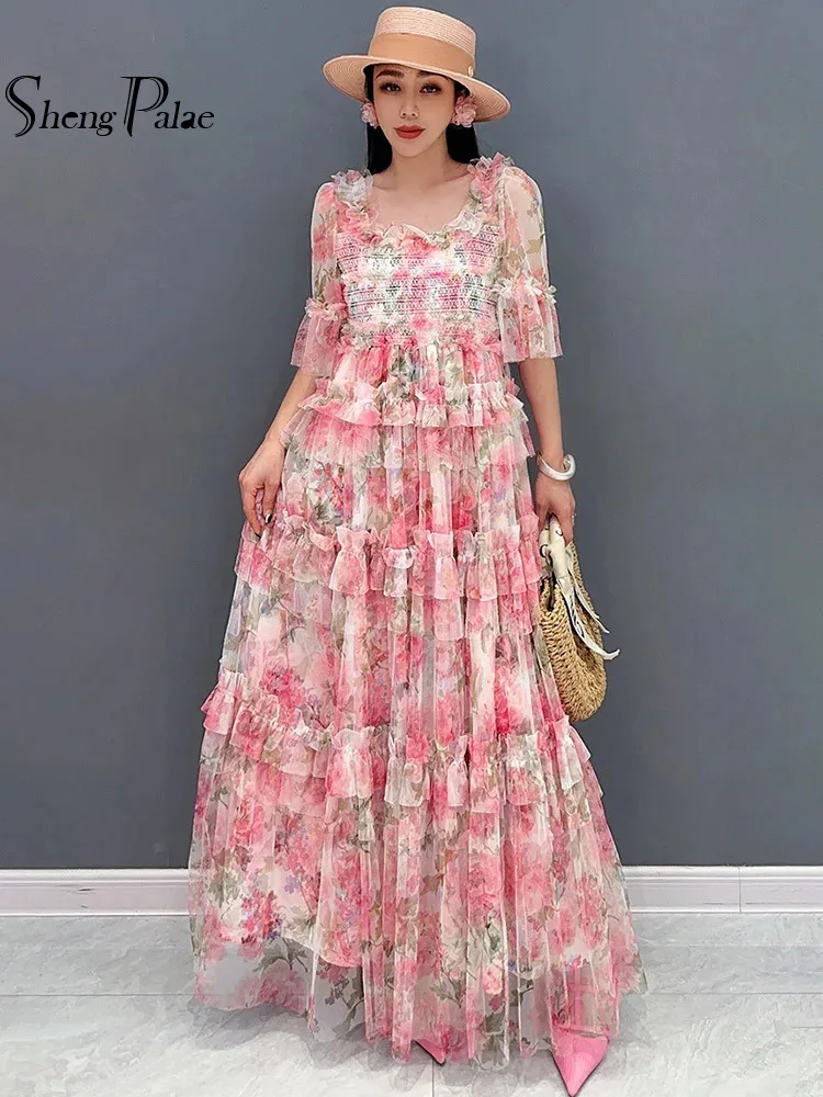 SHENGPALAE Women's Dress Printed Middle Sleeve Large Swing Long Dress Cake Dress Elegant Ladies Clothes 2024 Summer New 5R9961