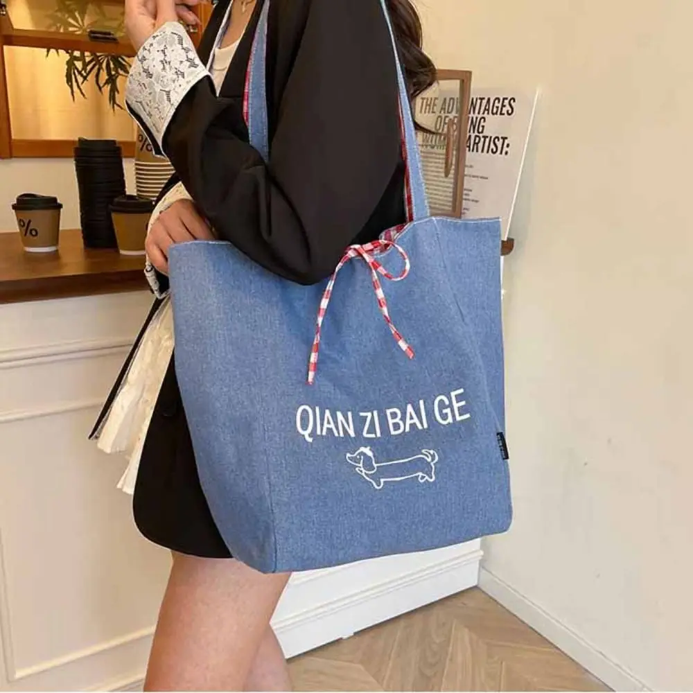 

Cloth Double Sided Plaid Bag Korean Style Cartoon Dog Denim Shoulder Bag Handbag Large Capacity Bohemian Messenger Bag Outdoor