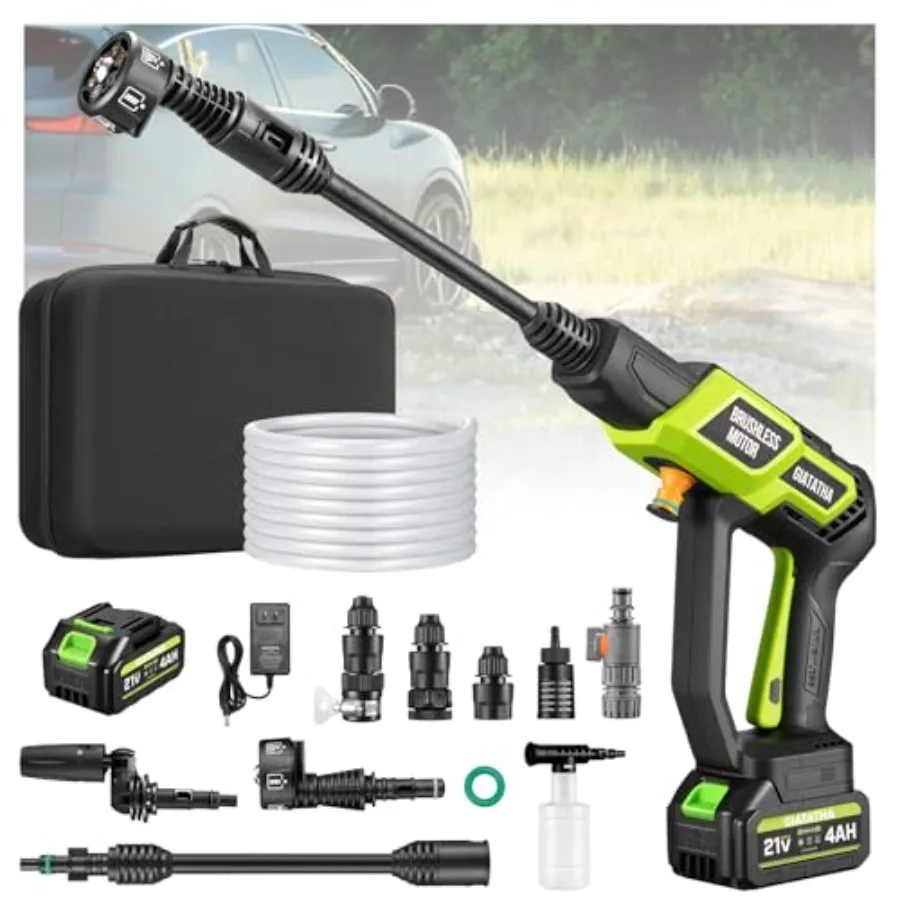 

Cordless Pressure Washer 1200PSI Brushless Motor Portable Pressure Washer with 4.0Ah Battery and Charger 6-in-1 Nozzle and 180°