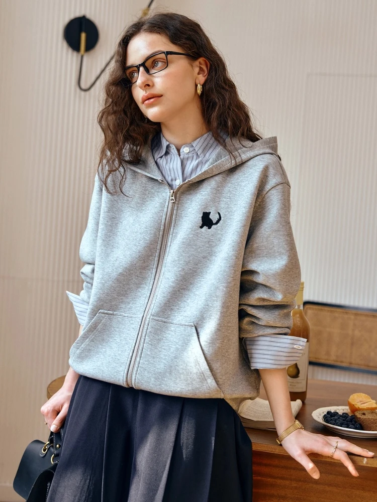 OLrain Women's Grey Casual Cat Embroidered Hoodies Autumn 2025 New Loose Soft Warm Comfortable Knitted Outerwear O57QW001216