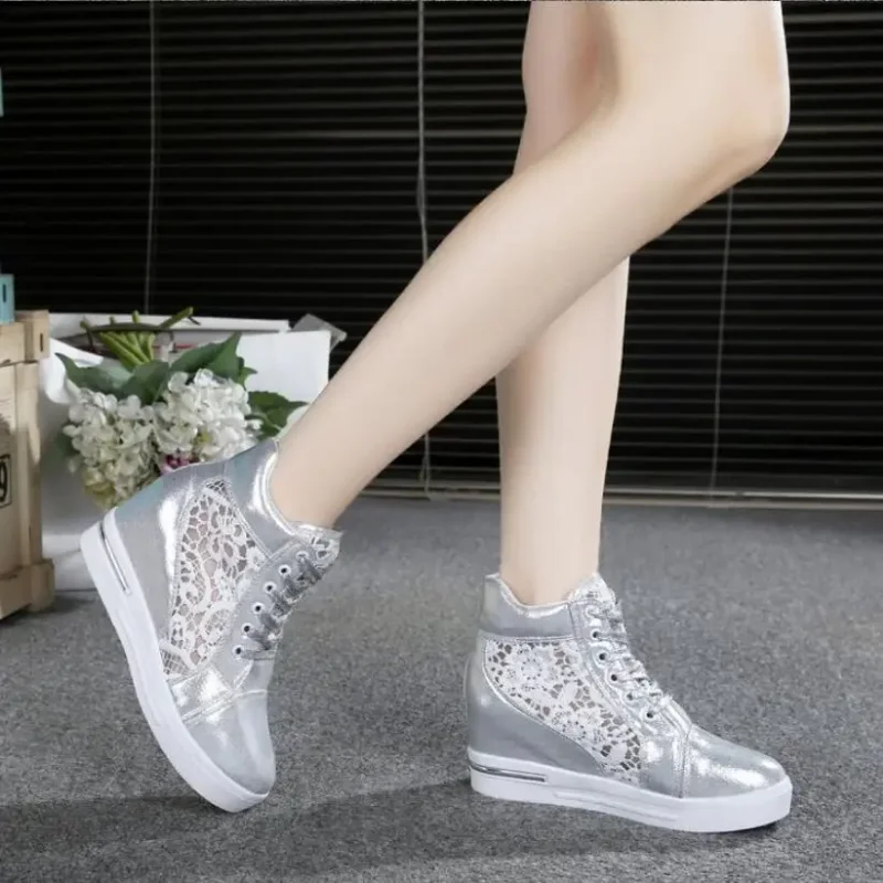 Women\'s Leather High-heeled Shoes Wedge Platform Sports Shoes Rubber Cloth Shoes Height Silver