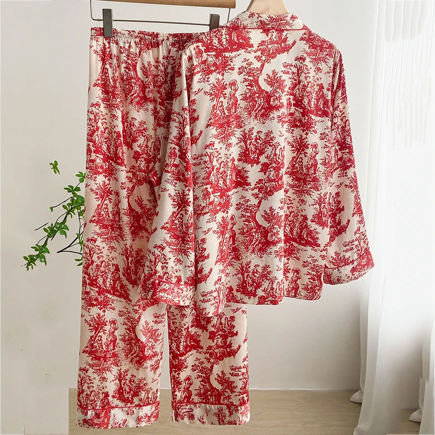 Pajamas Spring Summer Women Sleepwear Trouser Suit Print Flower Long Sleeve Pijamas Lounge Wear Loose Casual Home Wear Nightwear