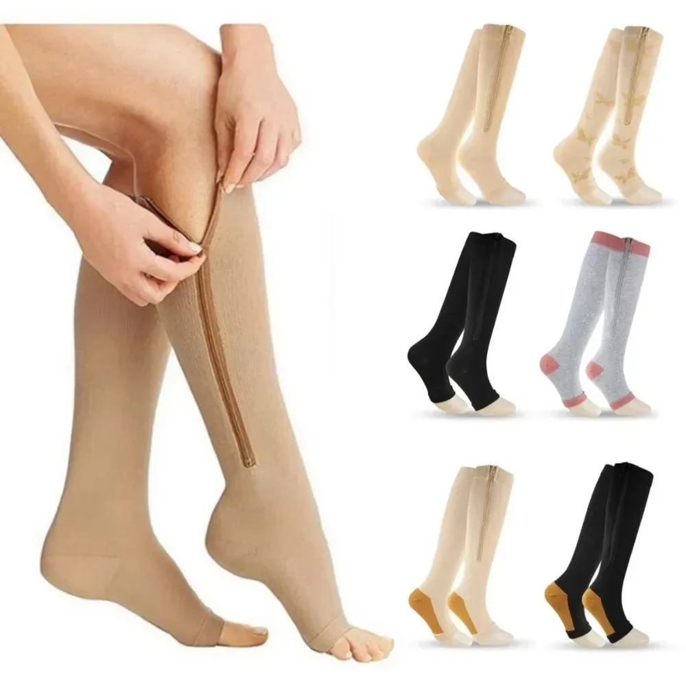 New 1 Pair Medical Zipper Compression Sock Women Men High Elasticity Nylon Closed Toe Pressure Stocking for Edema Varicose Veins