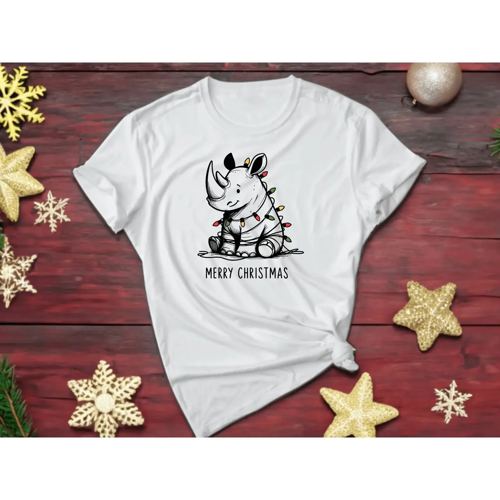Merry Christmas Cute Rhinoceros with String Lights T Shirt Festive Animal Xmas Holiday Winter Funny Rhino  vintage Washed Soft