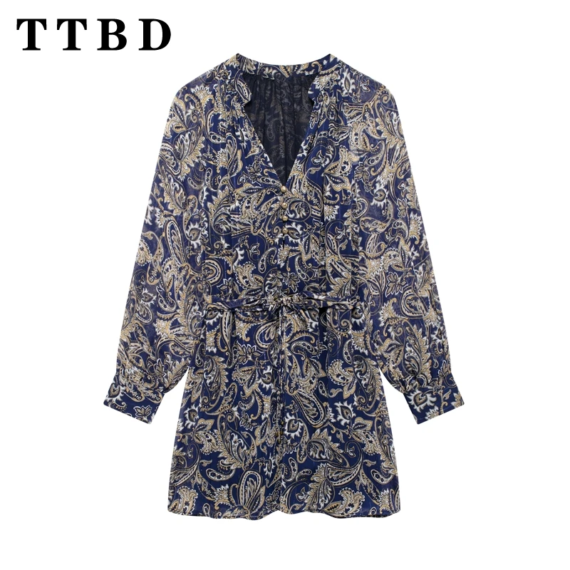 TTBD 2024 New Autumn Woman's Vintage V-Collar belt Dress Female Casual Ruffles Long Sleeve Print Dresses Blouses Top