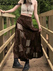 Rapcopter y2k Cute Party Long Skirts Printed Boho Grunge Fairyore Retro Skirts Kawaii Holiday Brown Pleated Skirts Women Elegant