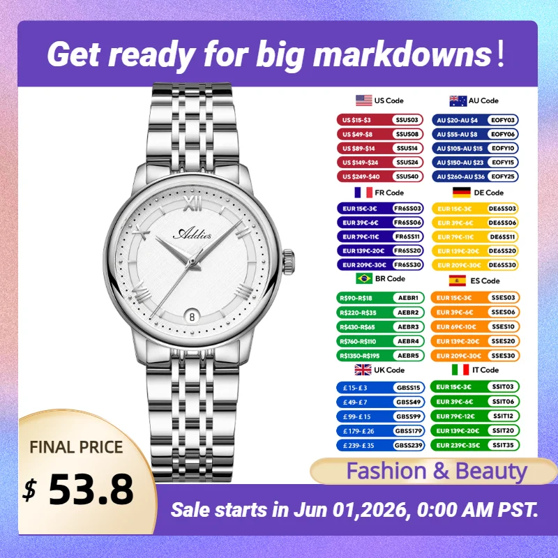 

ADDIES Luxury Stainless Steel Women's Watch 31mm Sapphire Crystal Roman Date Dress Female Quartz Watches 50m Waterproof 2026 New