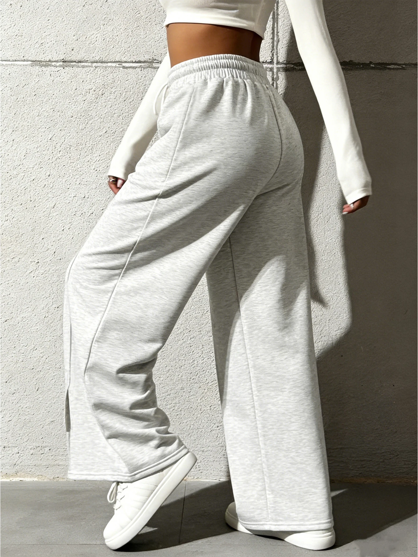 Neue Damen-Sweatpants mit weitem Bein, Streetwear, hohe Taille, baggy, graue Sporthose, Damen-Jogginghose mit Kordelzug, lässige, lockere Hose – Detail 4