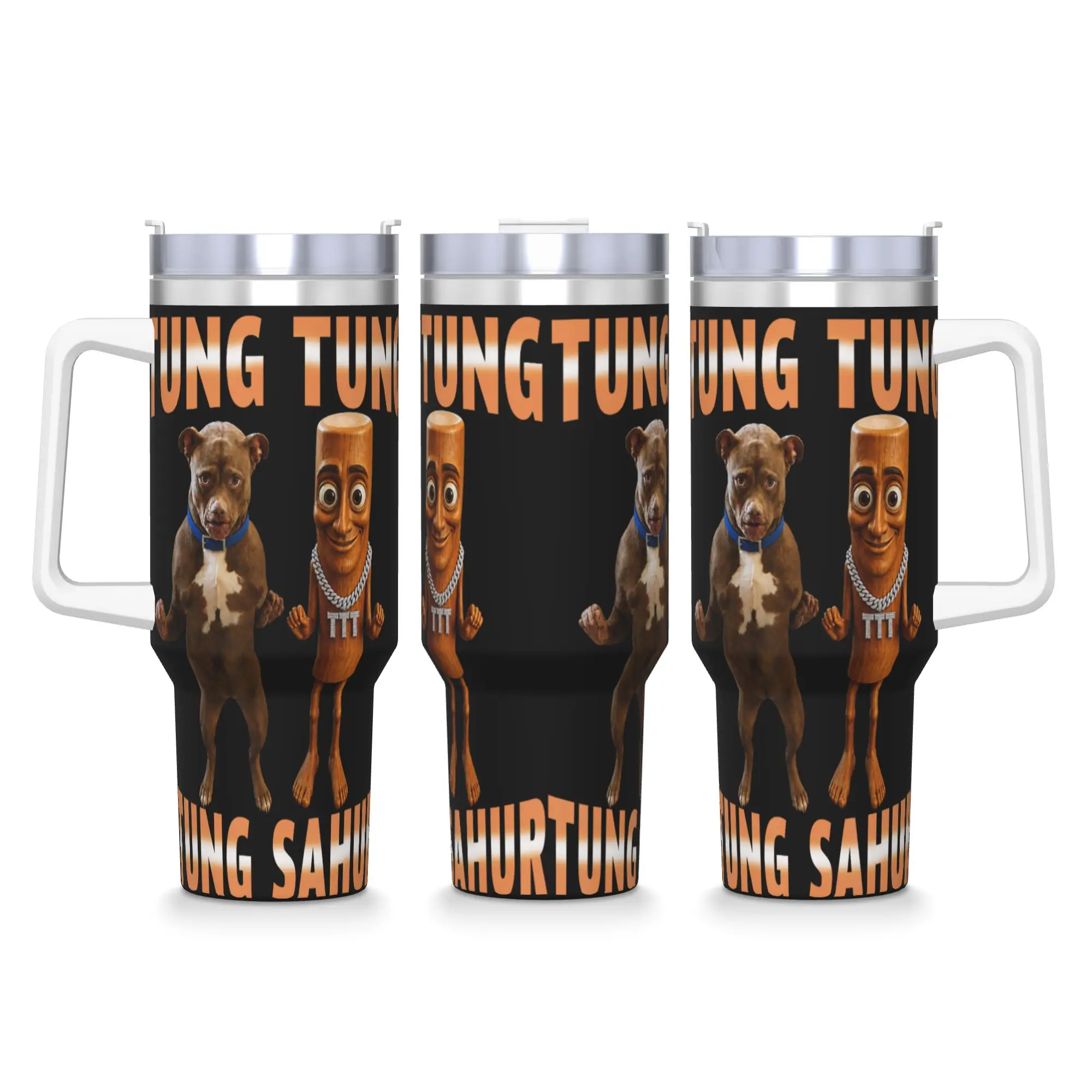 Stainless Steel Tumbler Tung Sahur Funny Dog Brainrot Joke Meme Mugs Cup With Straws Hot Drinks Water Bottle Heat Thermal Cups