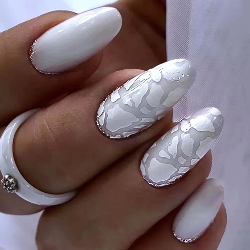 

24pcs Eggshell Press-On Nails - Milky White With Gold Foil Cracks Long Almond Minimalist Luxe Style Coverage Nail Art Kit