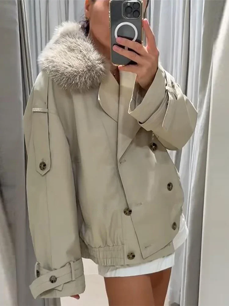 

Female Chic Street Lady Outerwear Autumn Fur Collar Lapel Long Sleeve Jacket For Women Elegant Double Breasted Pocket Coats
