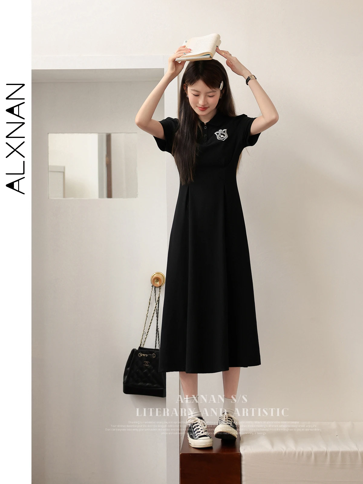 ALXNAN Polo Collar Black T-shirt Dress Woman 2024 Summer Solid Casual A-line Short Sleeve Women's Dresses Clothing LXN29826