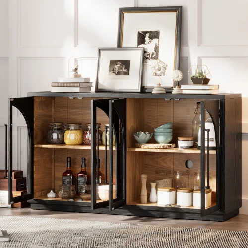 

#4-Door Large Solid Wood Eco-Friendly Antique Storage Sideboard Buffet Cabinet With Glass Doors Adjustable Shelves