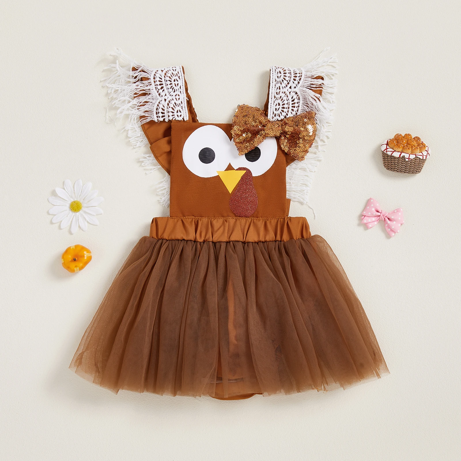 

SUNSIOM Baby Girl Thanksgiving Romper Casual Mesh Patchwork Sequin Bow Turkey Jumpsuit for Newborn Toddler Cute Clothes