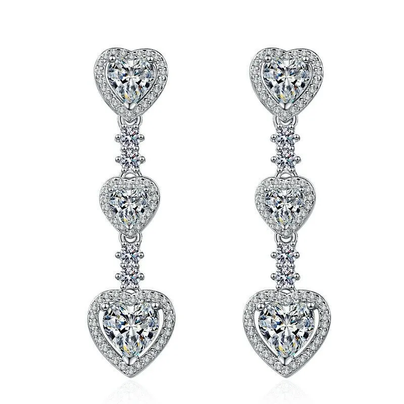 925 Pure Silver Heart-Shaped Earrings for Ladies, Fashionable Fringed Ear Pendants, Ear Jewelry, Earrings
