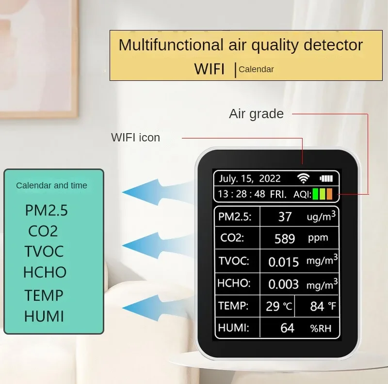 Air quality multifunctional detector graffiti WIFI carbon dioxide VOC detector calendar alarm clock detector